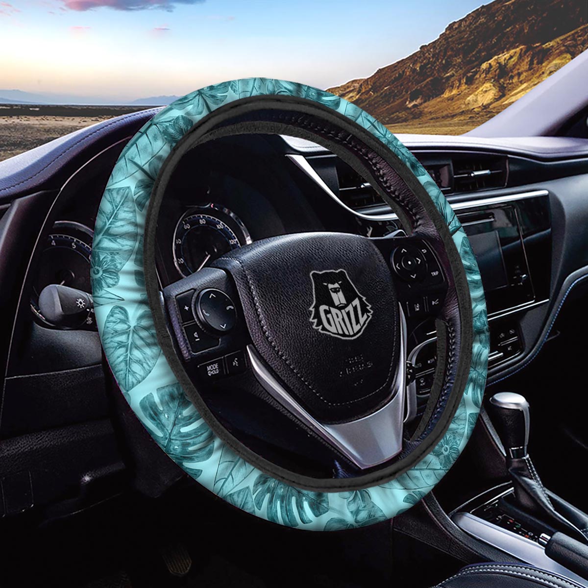 Leaf Flower Teal Hawaiian Print Pattern Car Steering Wheel Cover-grizzshop