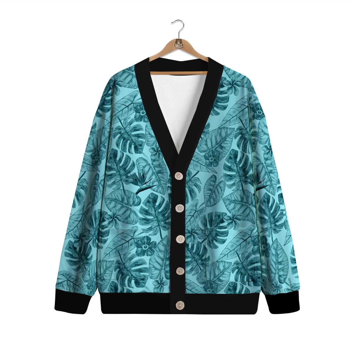Leaf Flower Teal Hawaiian Print Pattern Cardigan-grizzshop