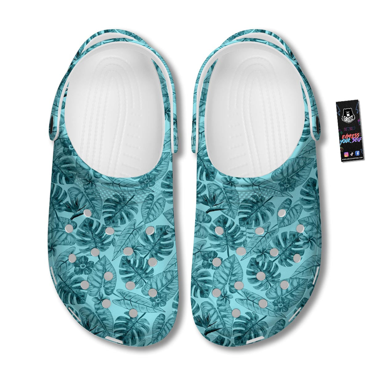 Leaf Flower Teal Hawaiian Print Pattern Clog-grizzshop