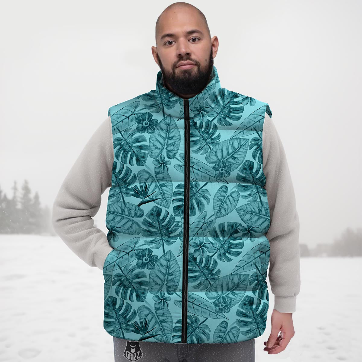 Leaf Flower Teal Hawaiian Print Pattern Down Vest