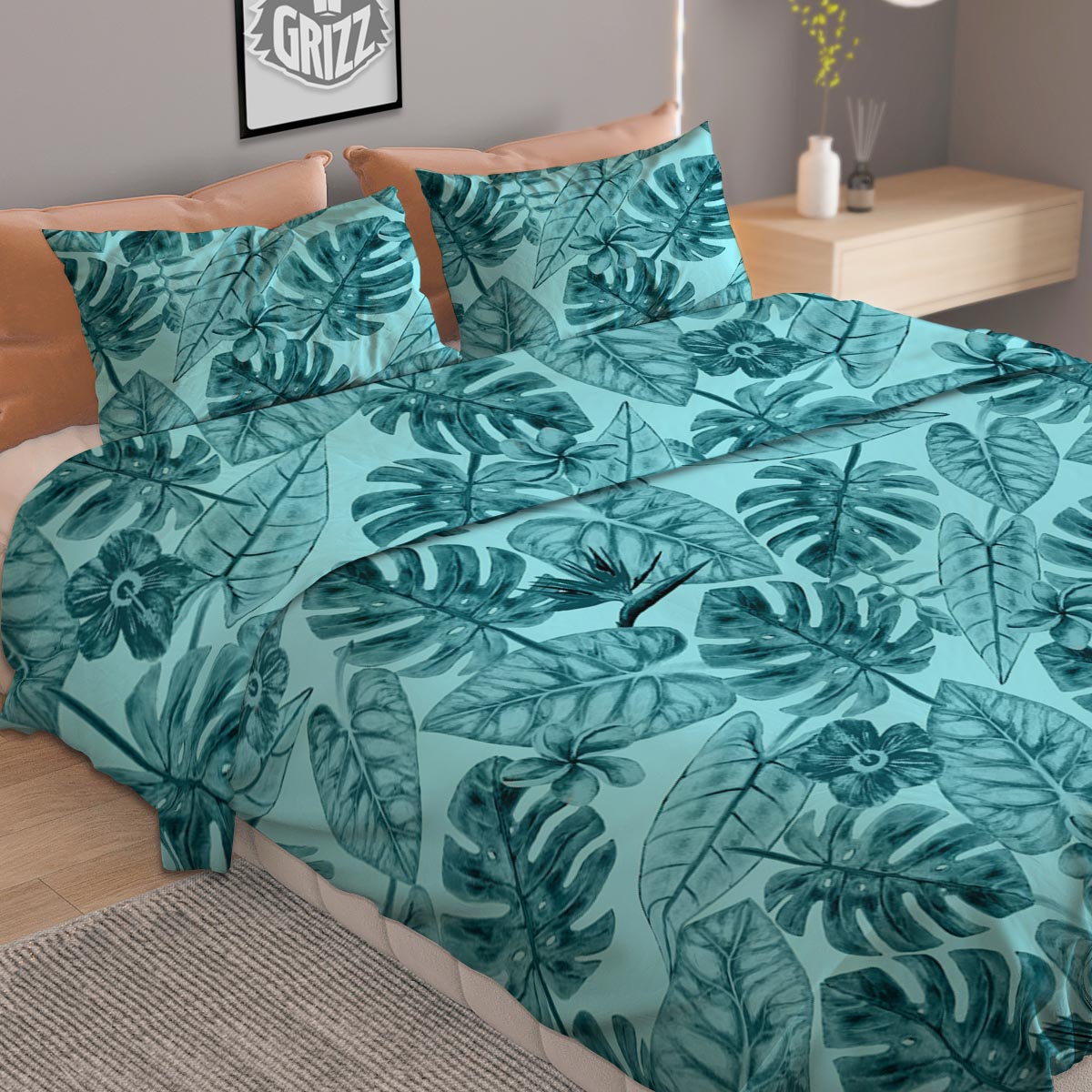 Leaf Flower Teal Hawaiian Print Pattern Duvet Cover Bedding Set