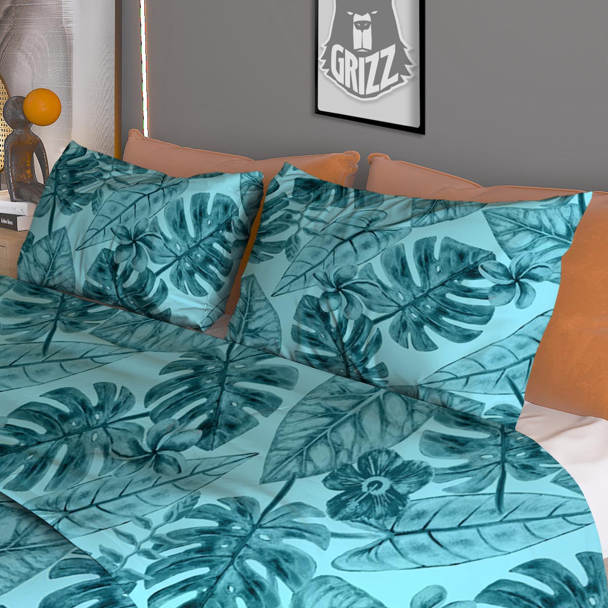 Leaf Flower Teal Hawaiian Print Pattern Duvet Cover Bedding Set