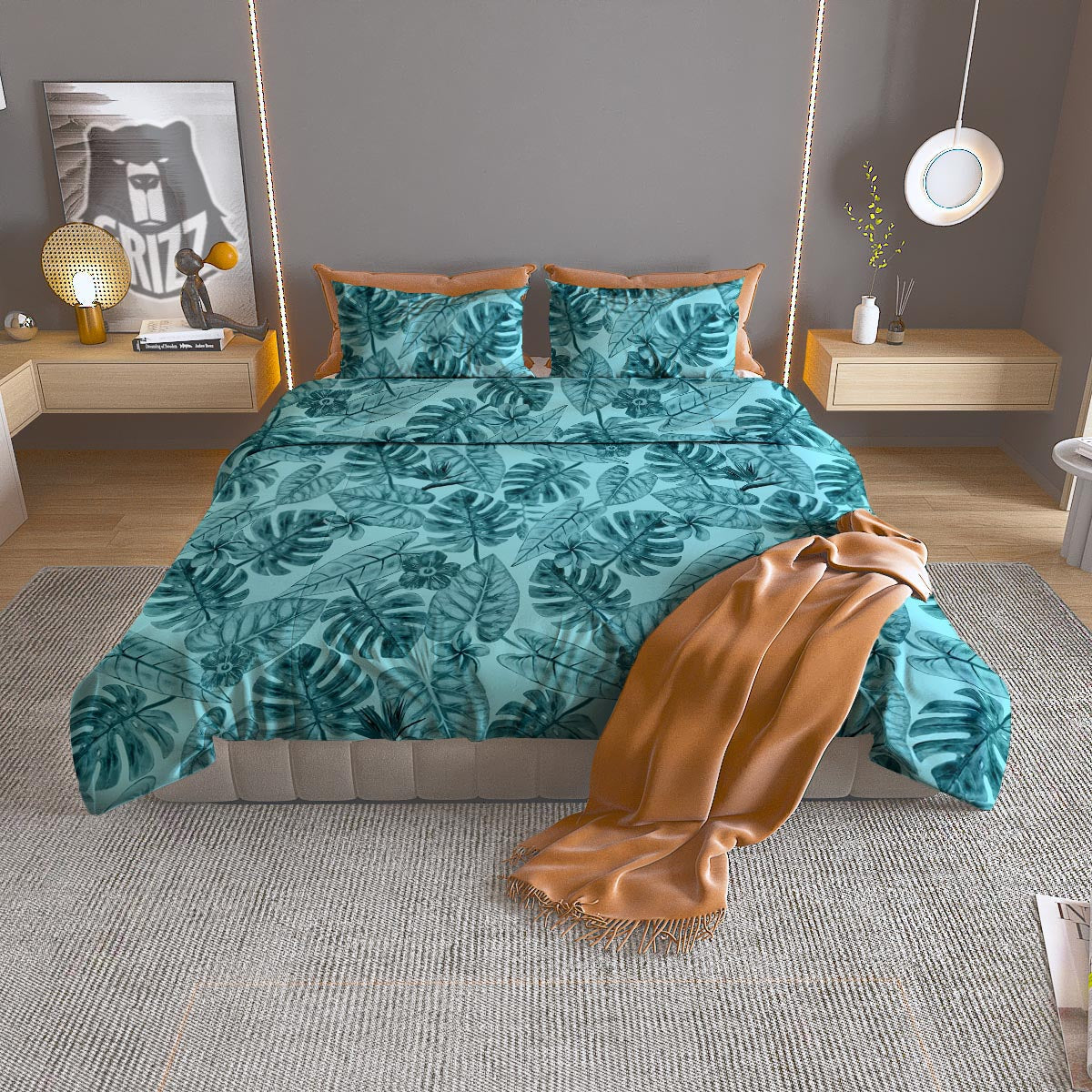 Leaf Flower Teal Hawaiian Print Pattern Duvet Cover Bedding Set