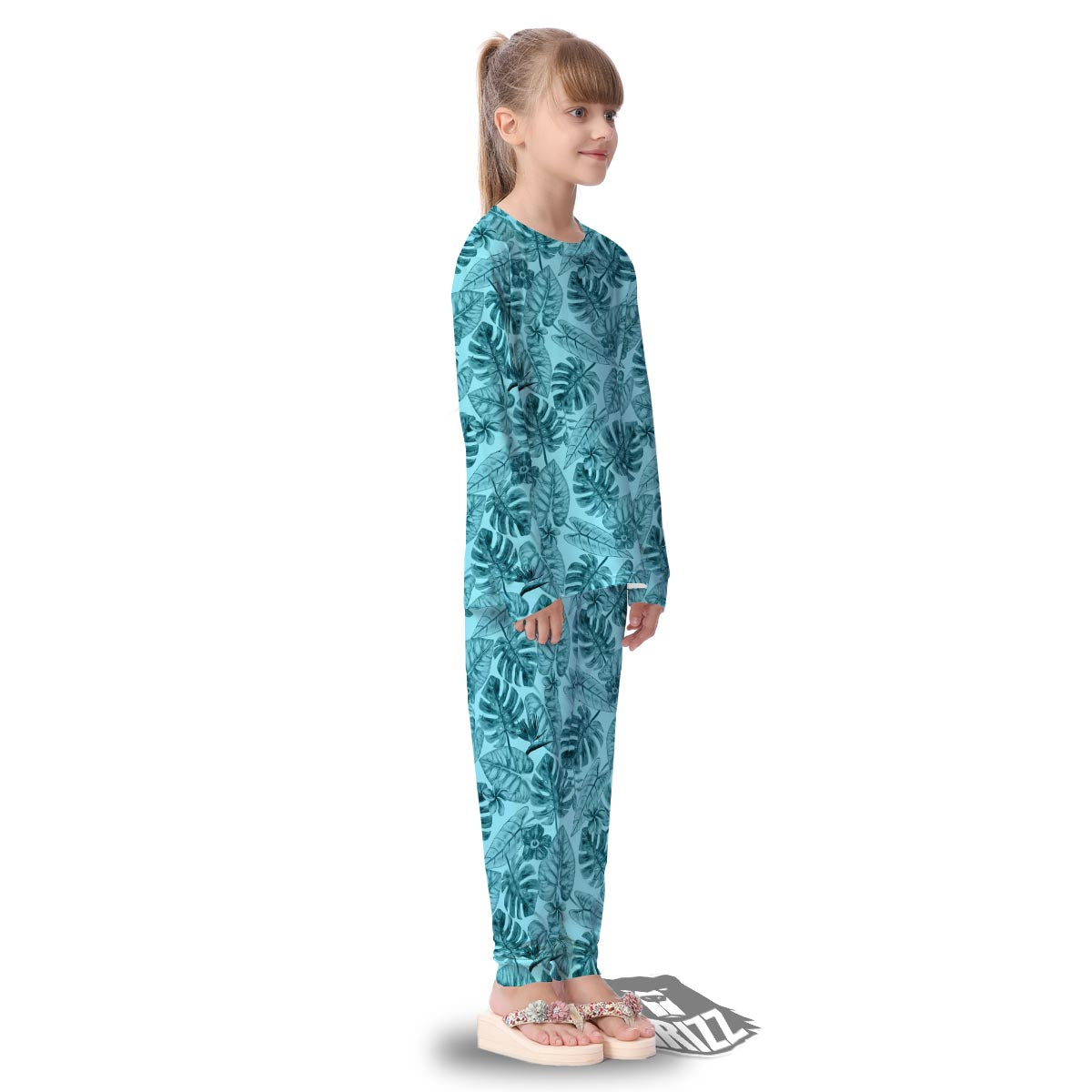 Leaf Flower Teal Hawaiian Print Pattern Kid's Pajamas-grizzshop