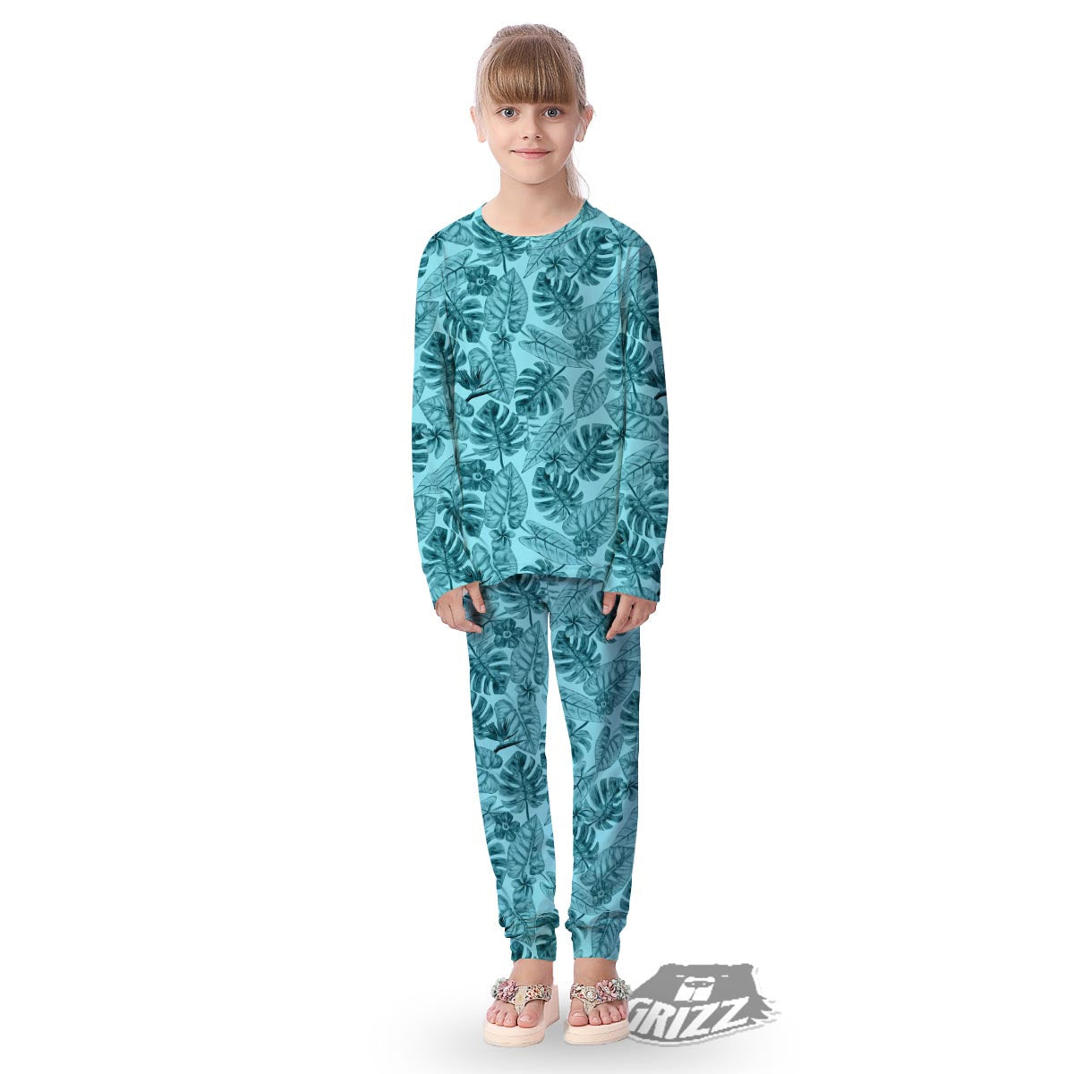 Leaf Flower Teal Hawaiian Print Pattern Kid's Pajamas-grizzshop