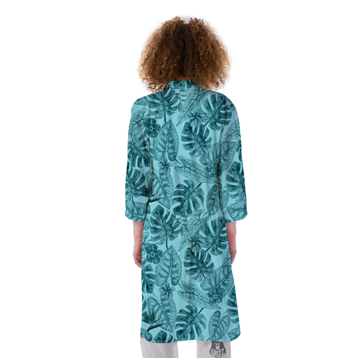 Leaf Flower Teal Hawaiian Print Pattern Kimono-grizzshop