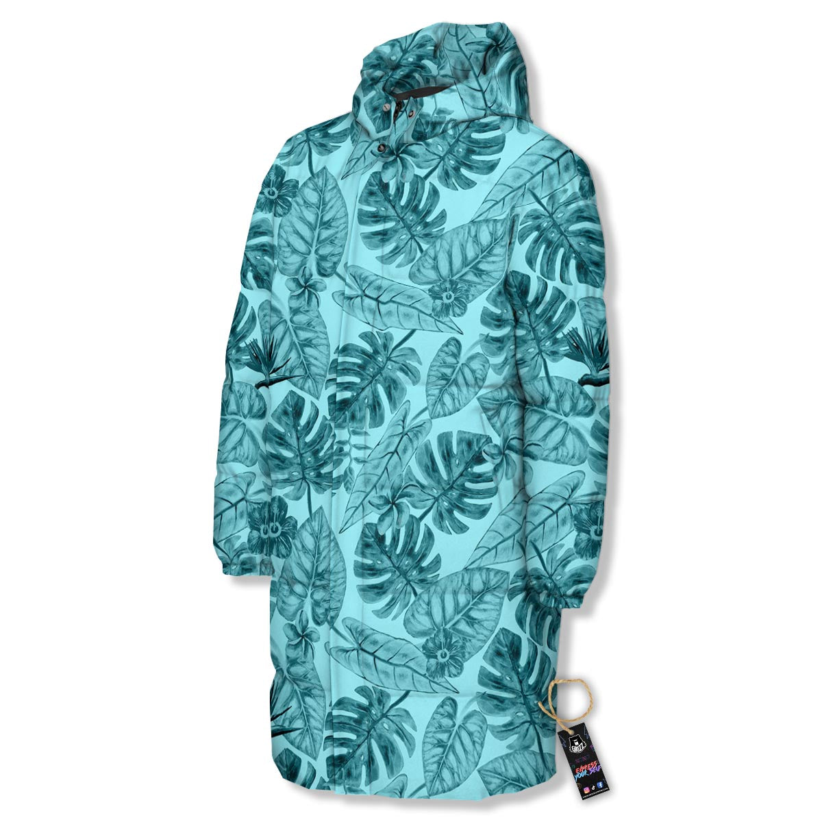 Leaf Flower Teal Hawaiian Print Pattern Long Down Jacket-grizzshop