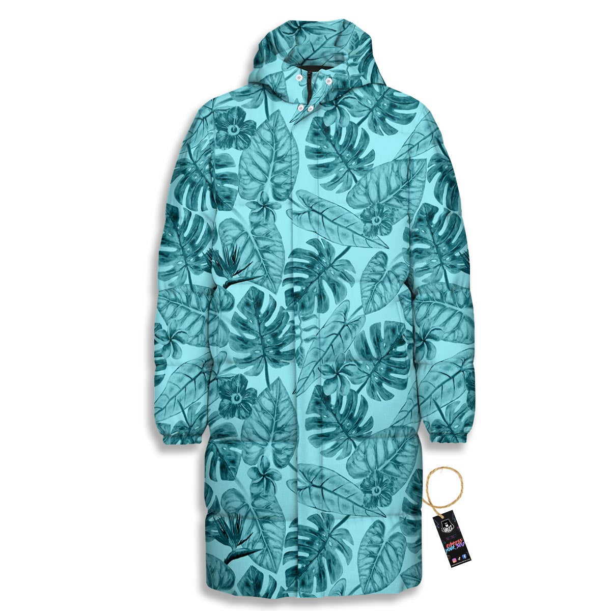 Leaf Flower Teal Hawaiian Print Pattern Long Down Jacket-grizzshop