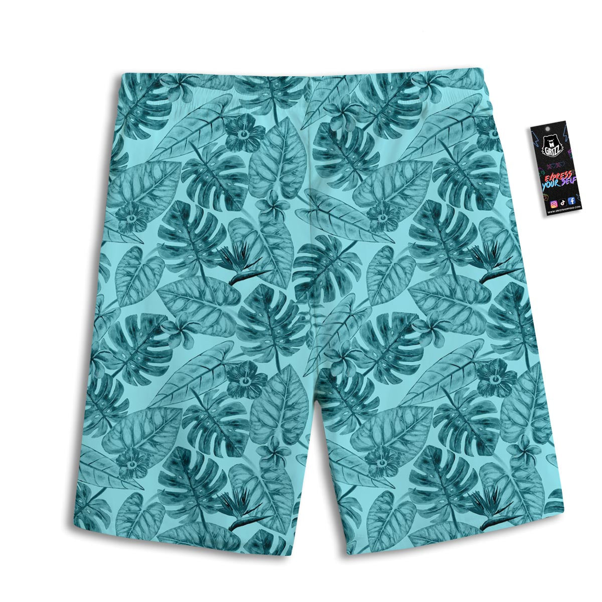 Leaf Flower Teal Hawaiian Print Pattern Men's Athletic Shorts