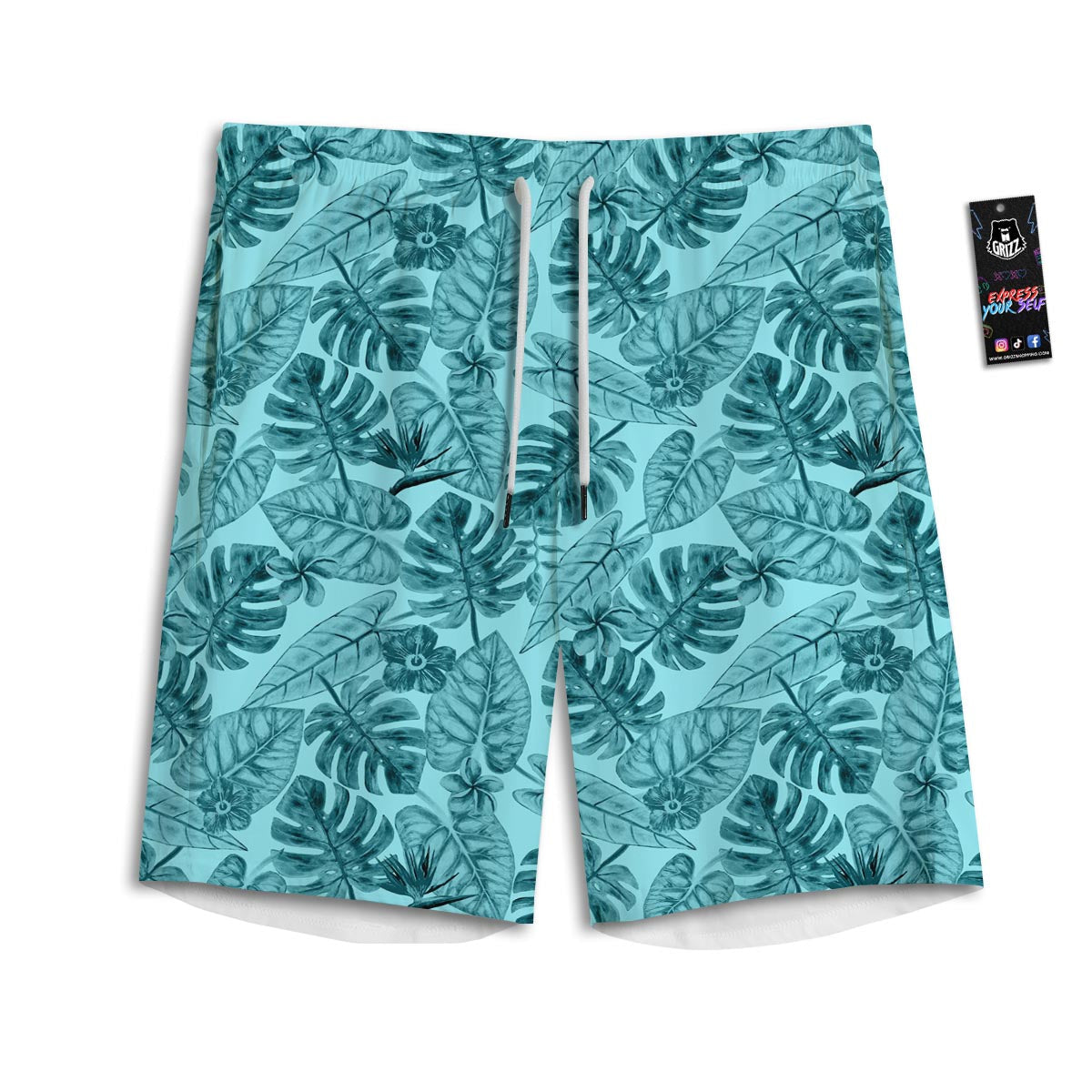 Leaf Flower Teal Hawaiian Print Pattern Men's Athletic Shorts