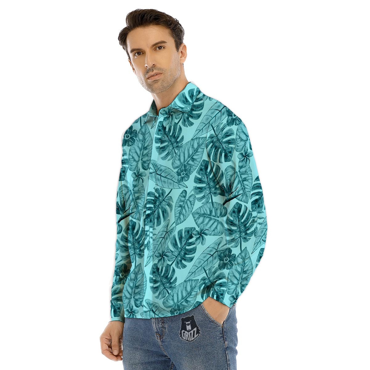 Leaf Flower Teal Hawaiian Print Pattern Men's Dress Shirts-grizzshop