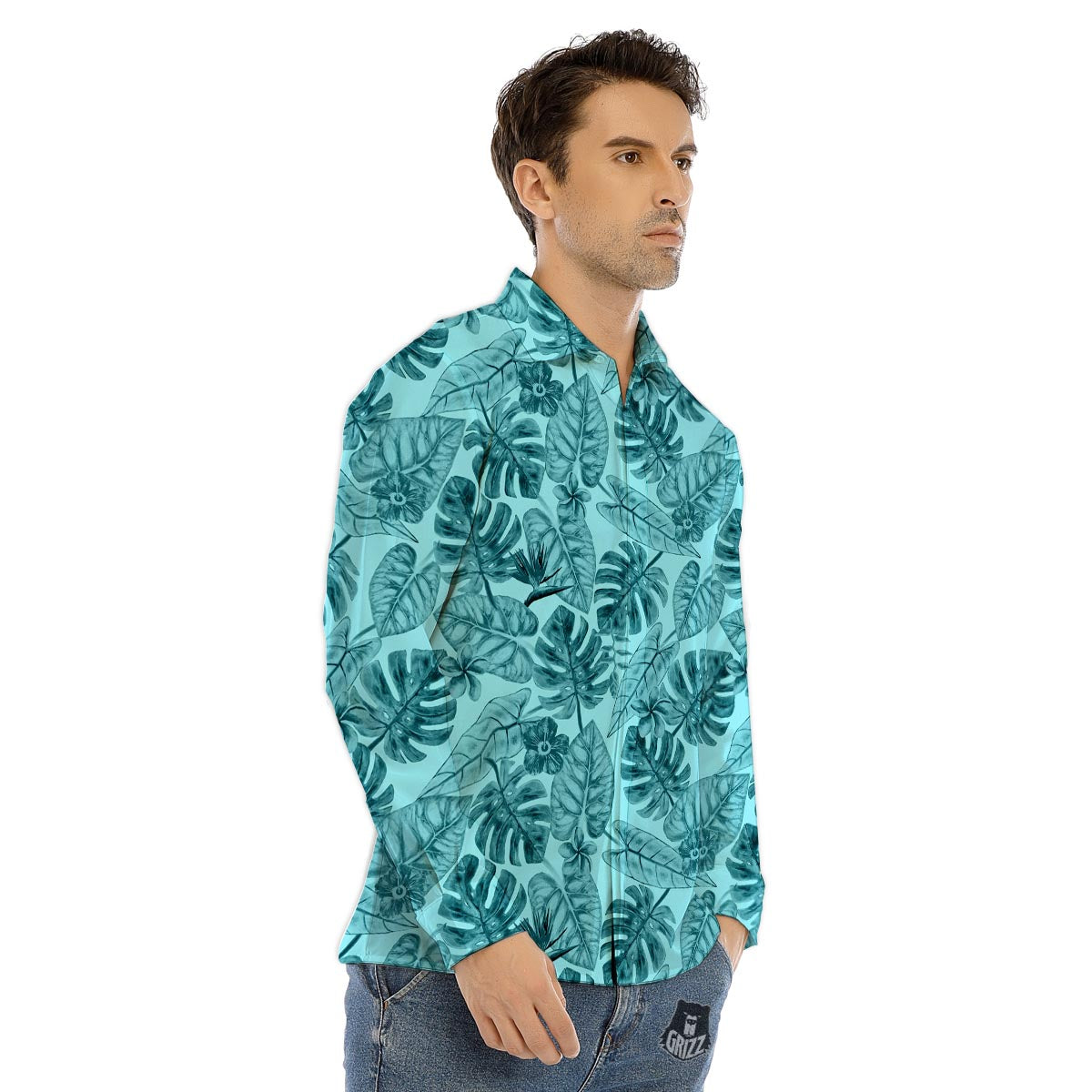 Leaf Flower Teal Hawaiian Print Pattern Men's Dress Shirts-grizzshop