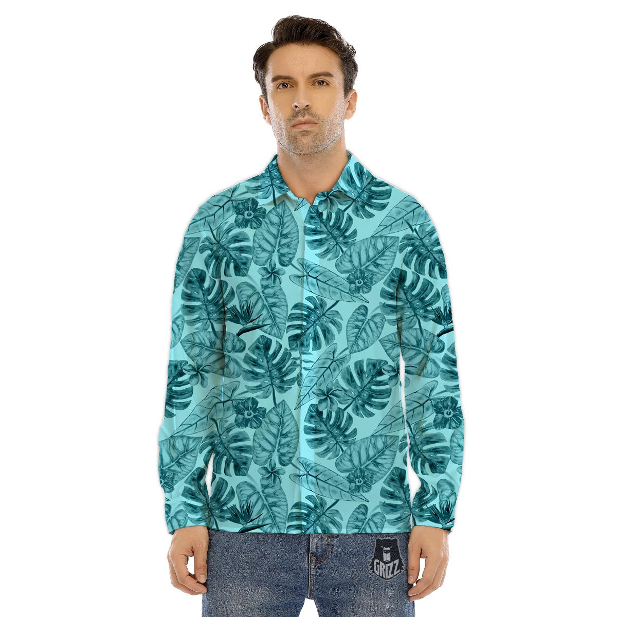 Leaf Flower Teal Hawaiian Print Pattern Men's Dress Shirts-grizzshop