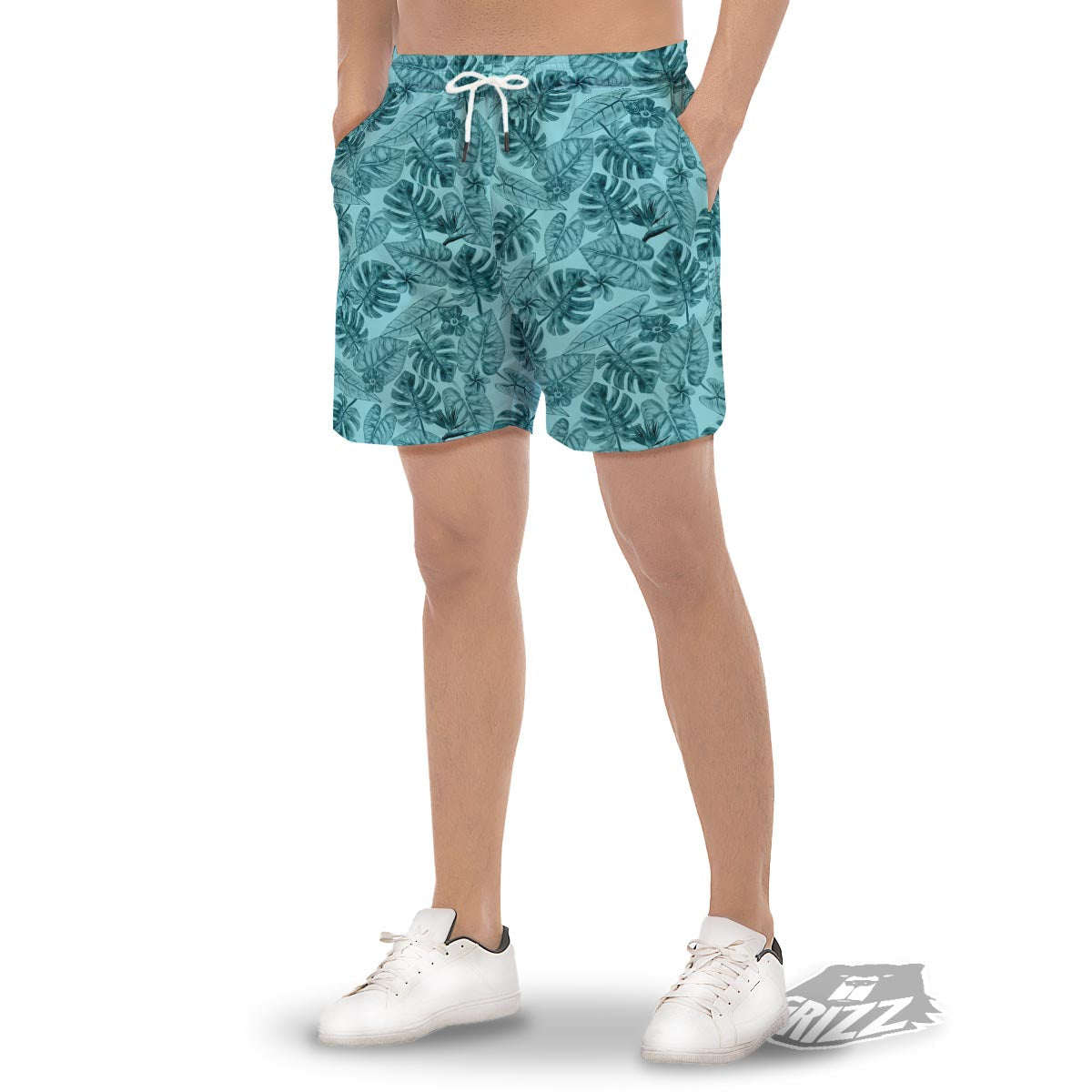 Leaf Flower Teal Hawaiian Print Pattern Men's Gym Shorts-grizzshop