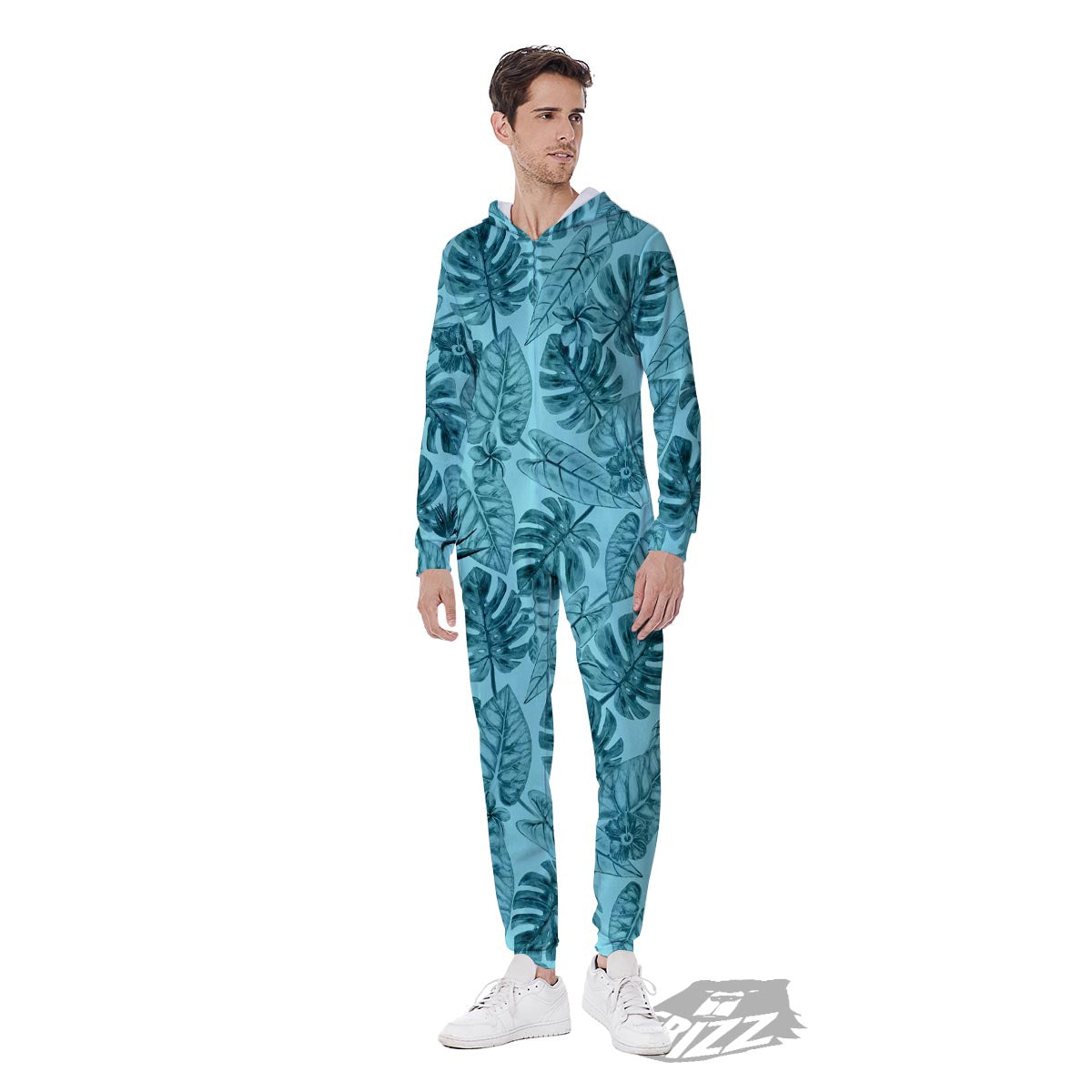 Leaf Flower Teal Hawaiian Print Pattern Men's Jumpsuit-grizzshop