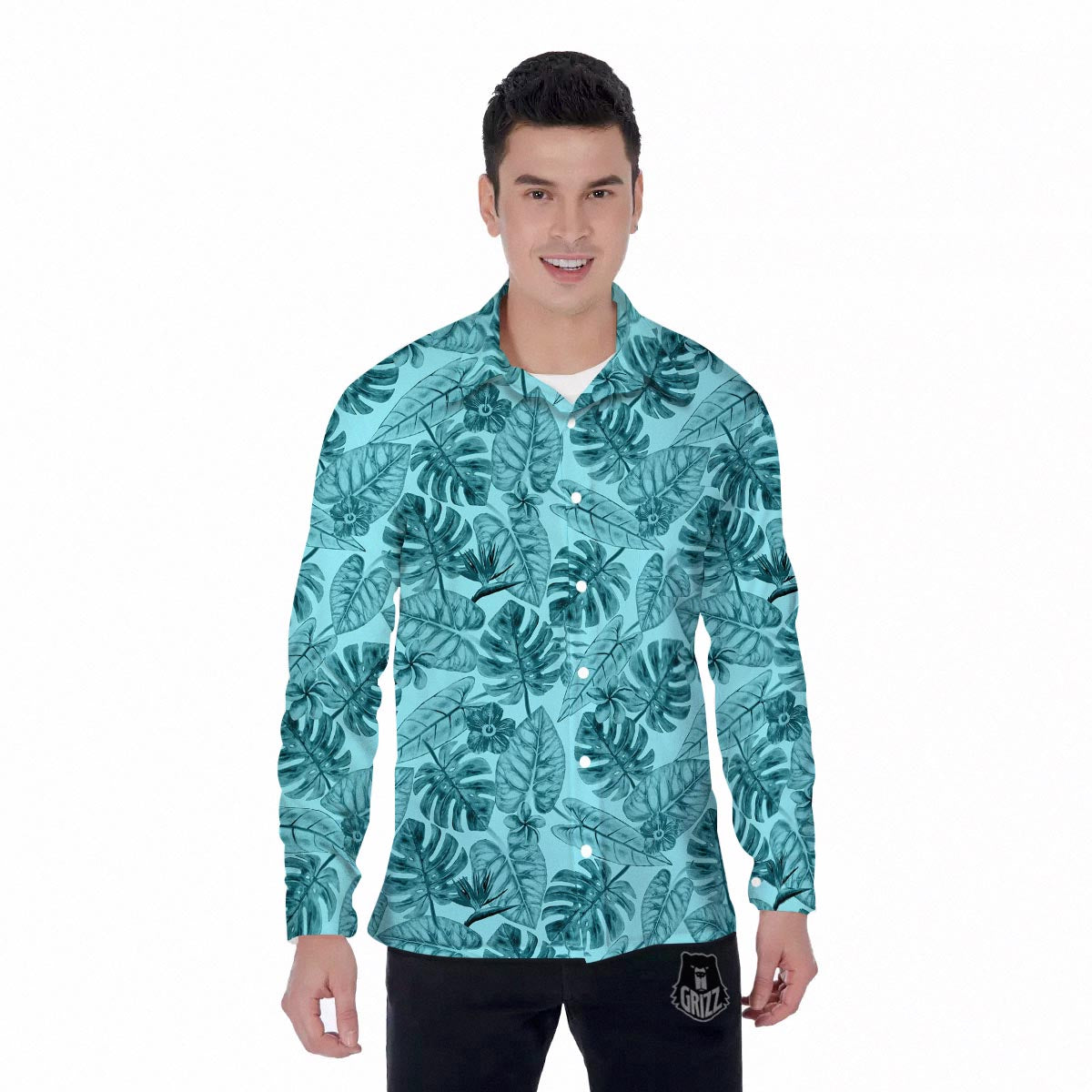 Leaf Flower Teal Hawaiian Print Pattern Men's Long Sleeve Shirts-grizzshop