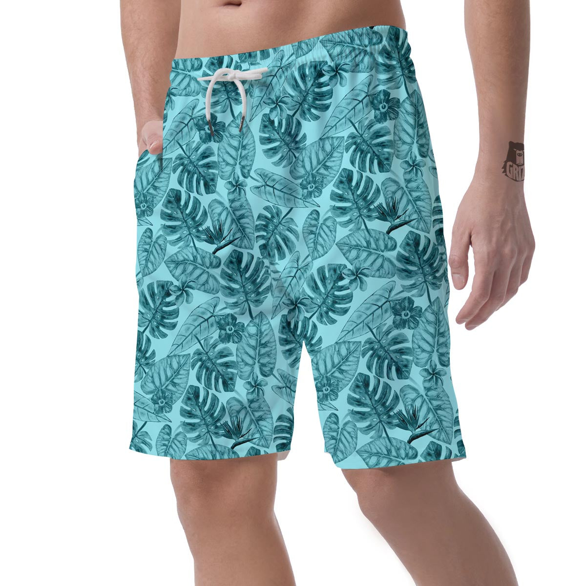 Leaf Flower Teal Hawaiian Print Pattern Men's Shorts-grizzshop