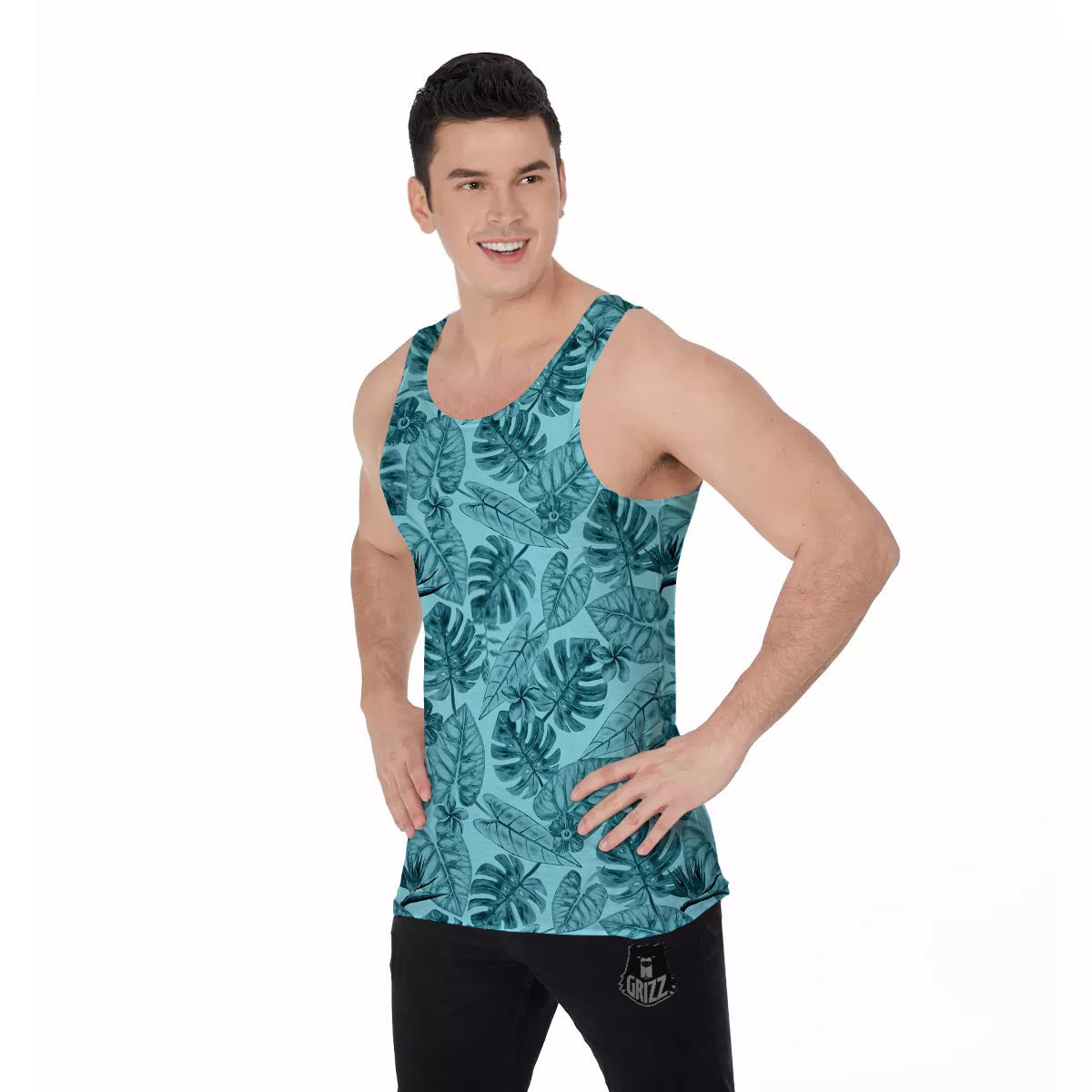 Leaf Flower Teal Hawaiian Print Pattern Men's Tank Top-grizzshop
