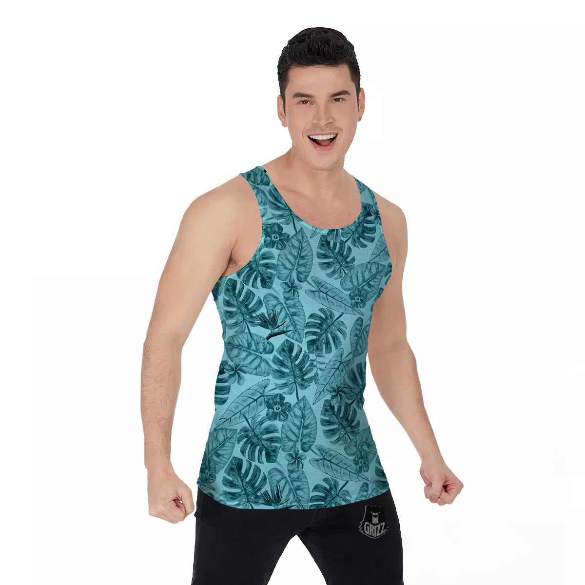 Leaf Flower Teal Hawaiian Print Pattern Men's Tank Top-grizzshop