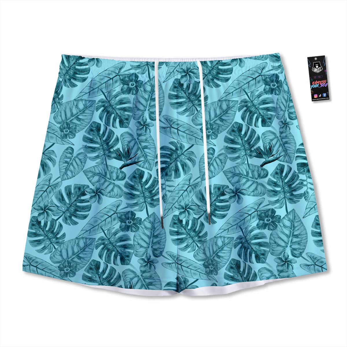 Leaf Flower Teal Hawaiian Print Pattern Mesh Shorts