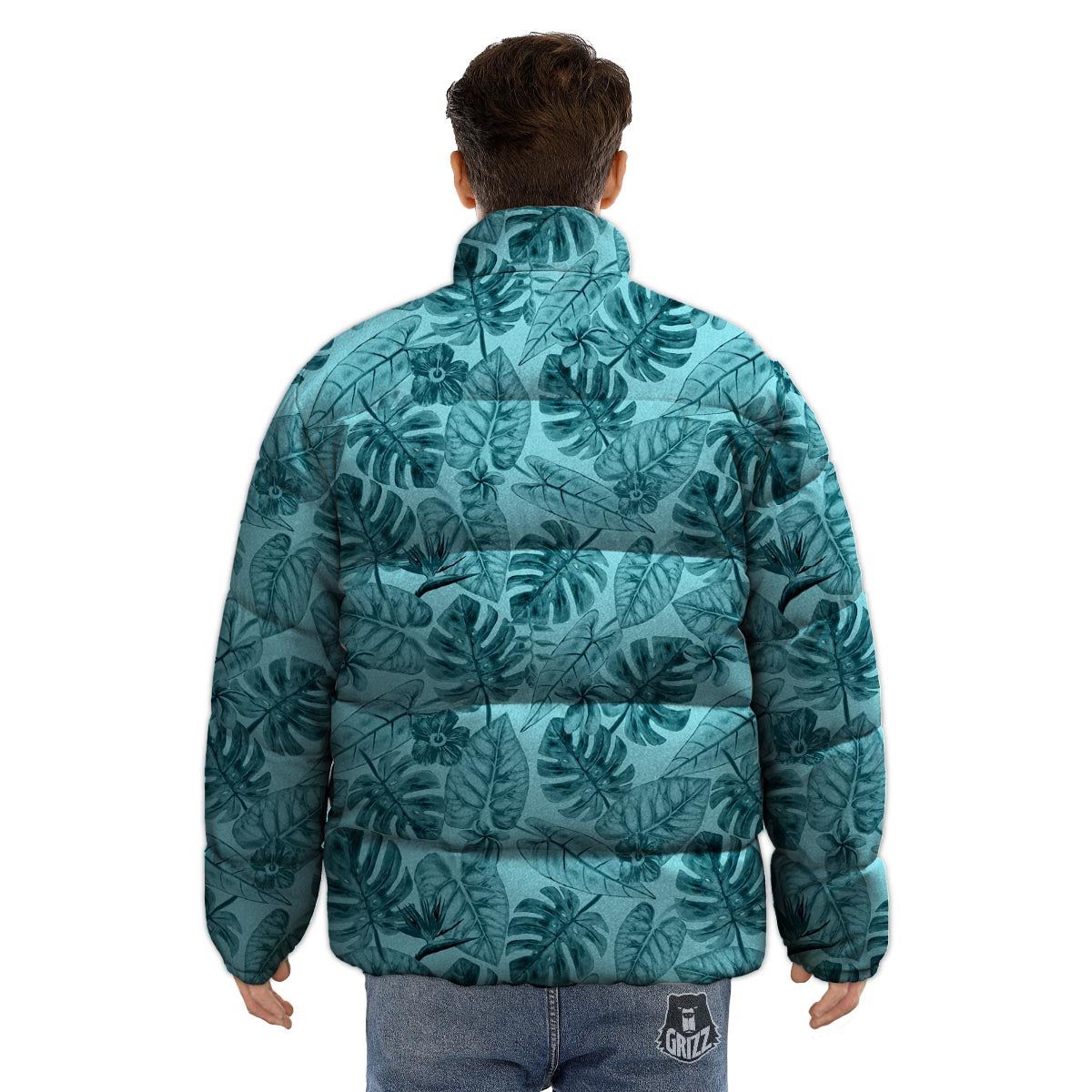 Leaf Flower Teal Hawaiian Print Pattern Puffer Jacket-grizzshop