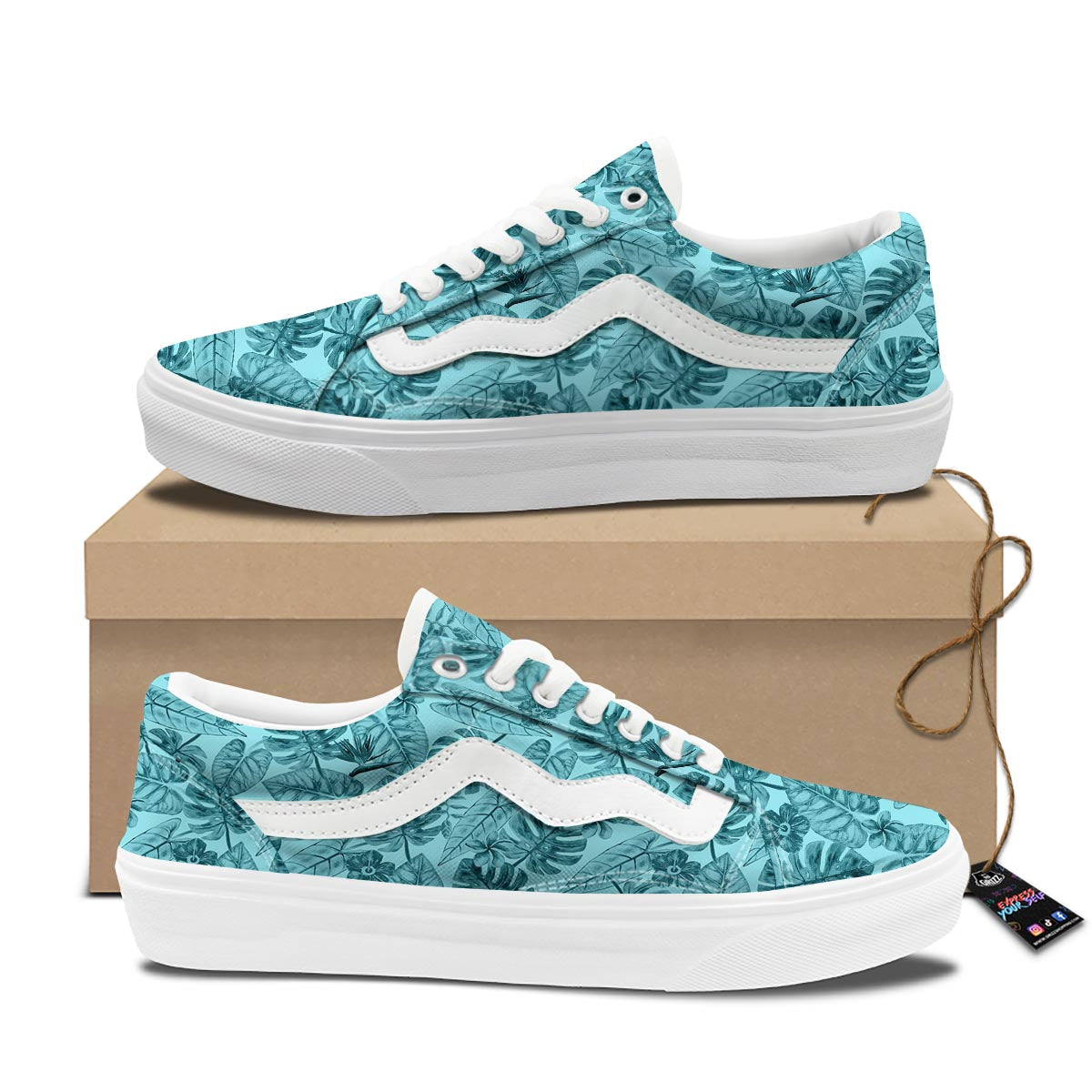 Leaf Flower Teal Hawaiian Print Pattern Skate Shoes-grizzshop