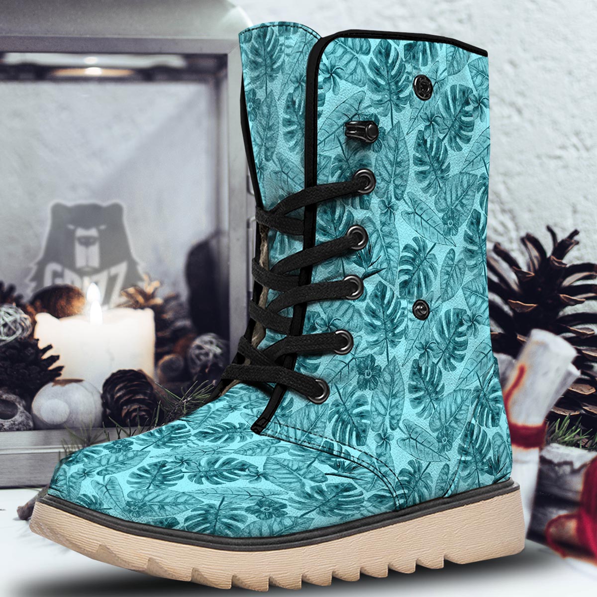 Leaf Flower Teal Hawaiian Print Pattern Snow Boots-grizzshop