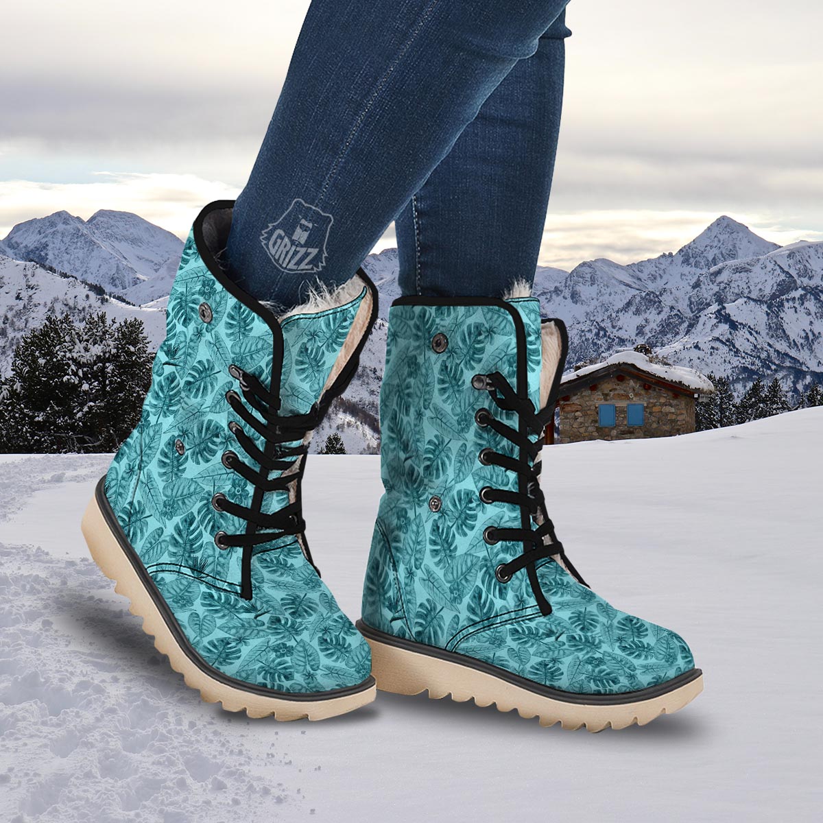 Leaf Flower Teal Hawaiian Print Pattern Snow Boots-grizzshop