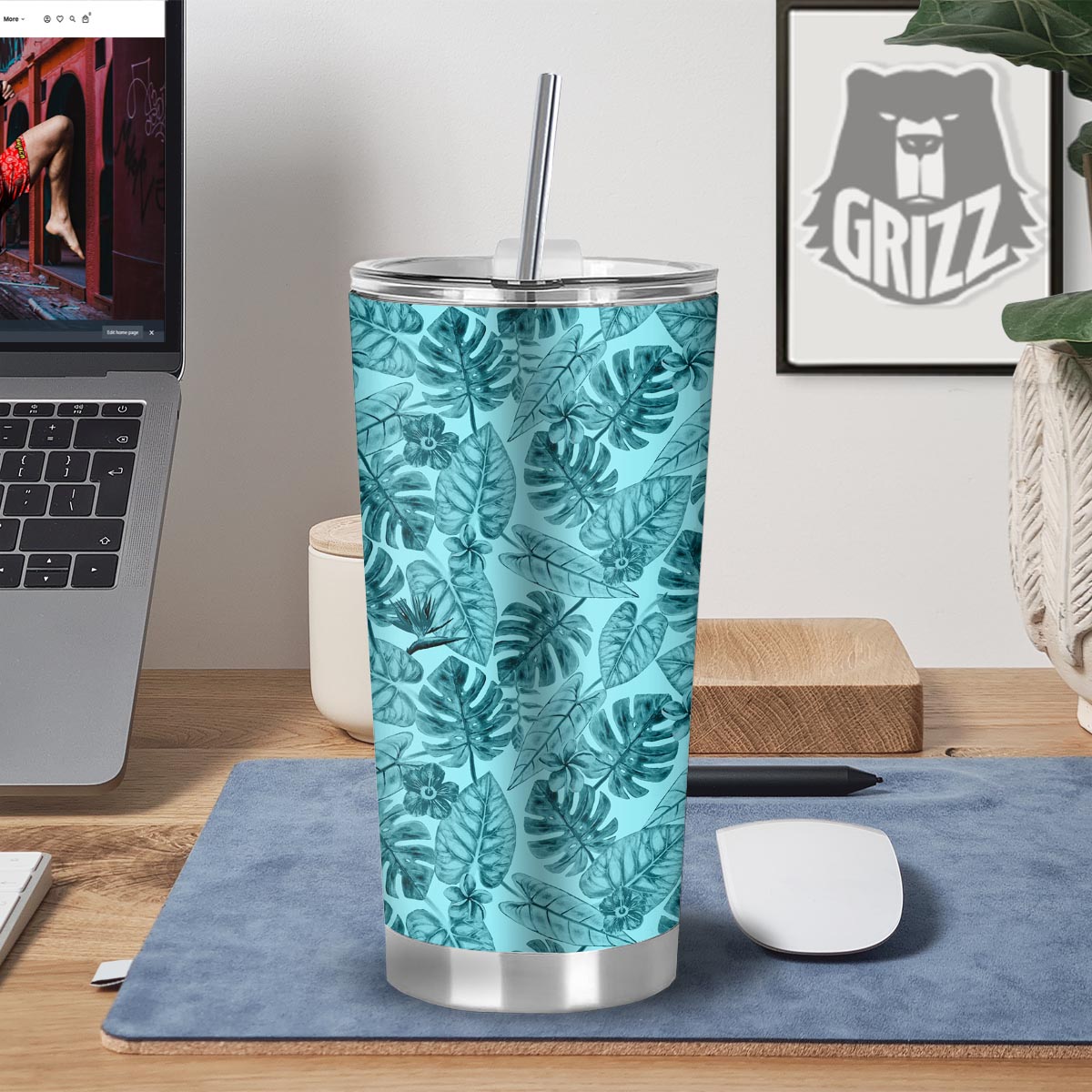 Leaf Flower Teal Hawaiian Print Pattern Tumbler-grizzshop
