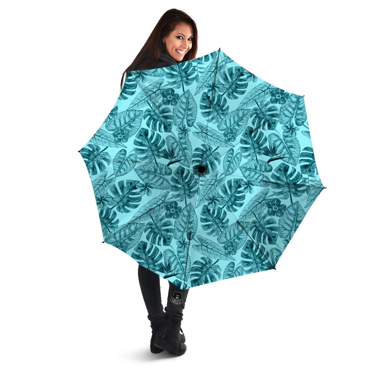 Leaf Flower Teal Hawaiian Print Pattern Umbrella-grizzshop