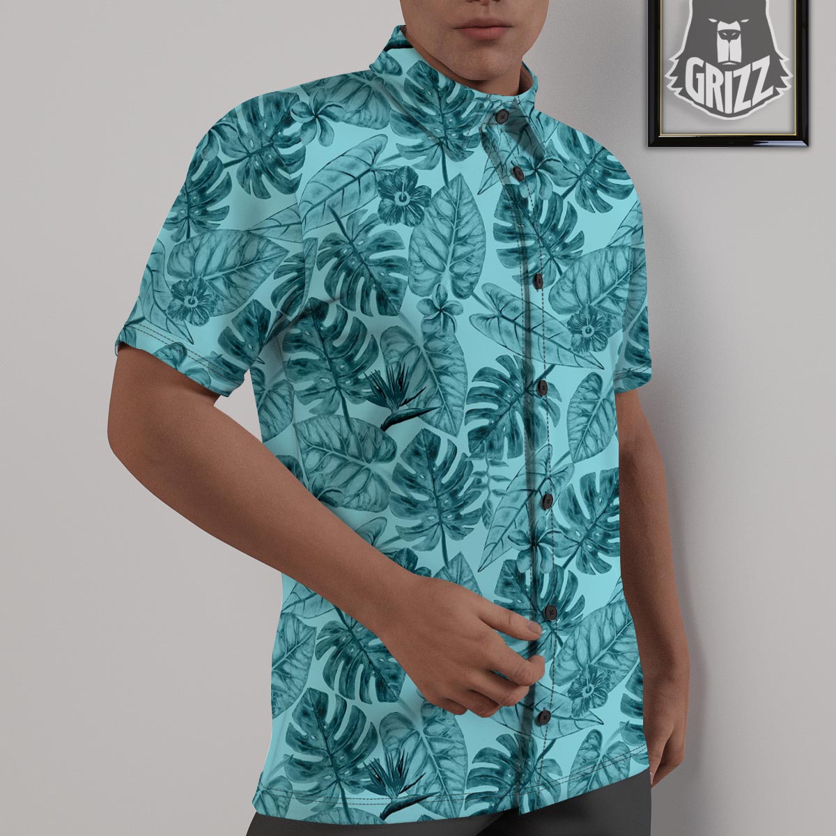 Leaf Flower Teal Hawaiian Print Pattern Untucked Shirts-grizzshop