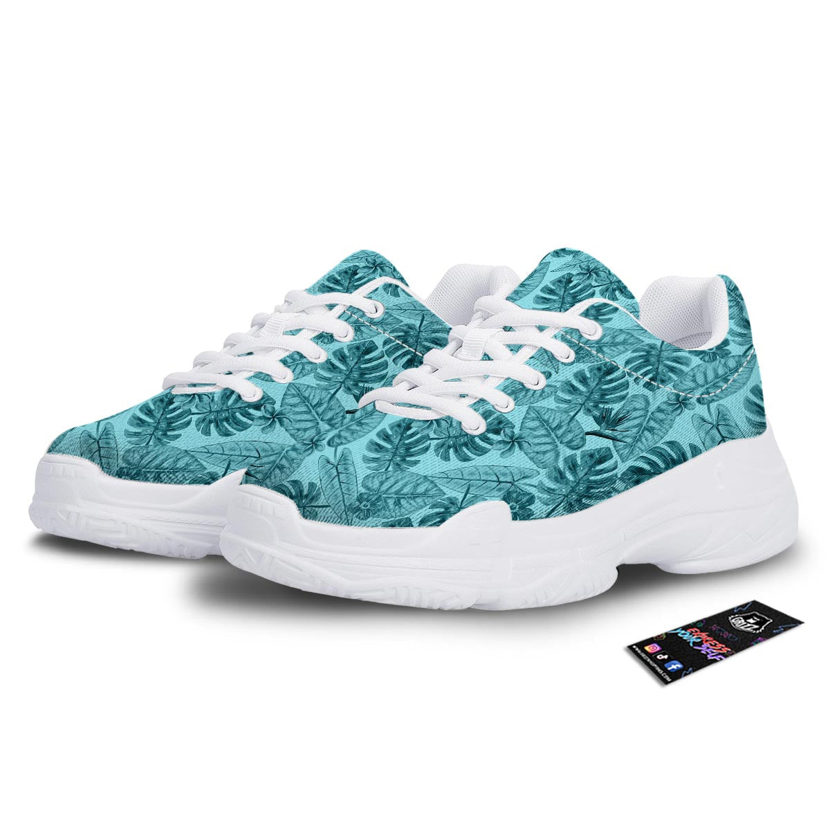 Leaf Flower Teal Hawaiian Print Pattern White Chunky Shoes-grizzshop