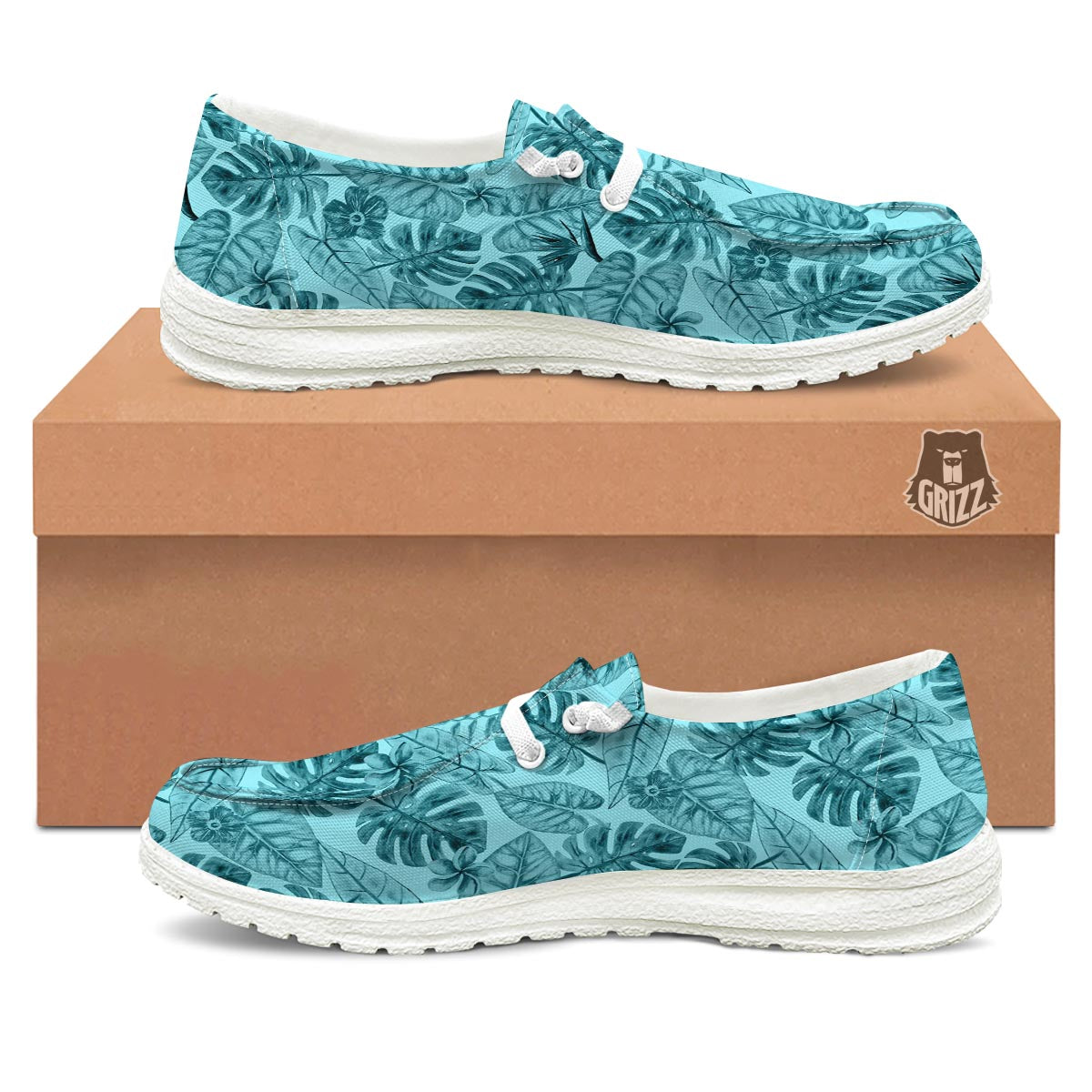 Leaf Flower Teal Hawaiian Print Pattern White Loafers-grizzshop