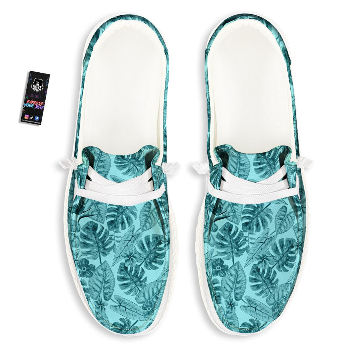 Leaf Flower Teal Hawaiian Print Pattern White Loafers-grizzshop