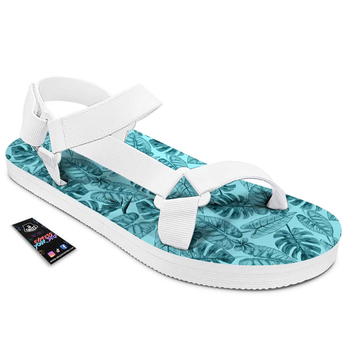 Leaf Flower Teal Hawaiian Print Pattern White Open Toe Sandals-grizzshop