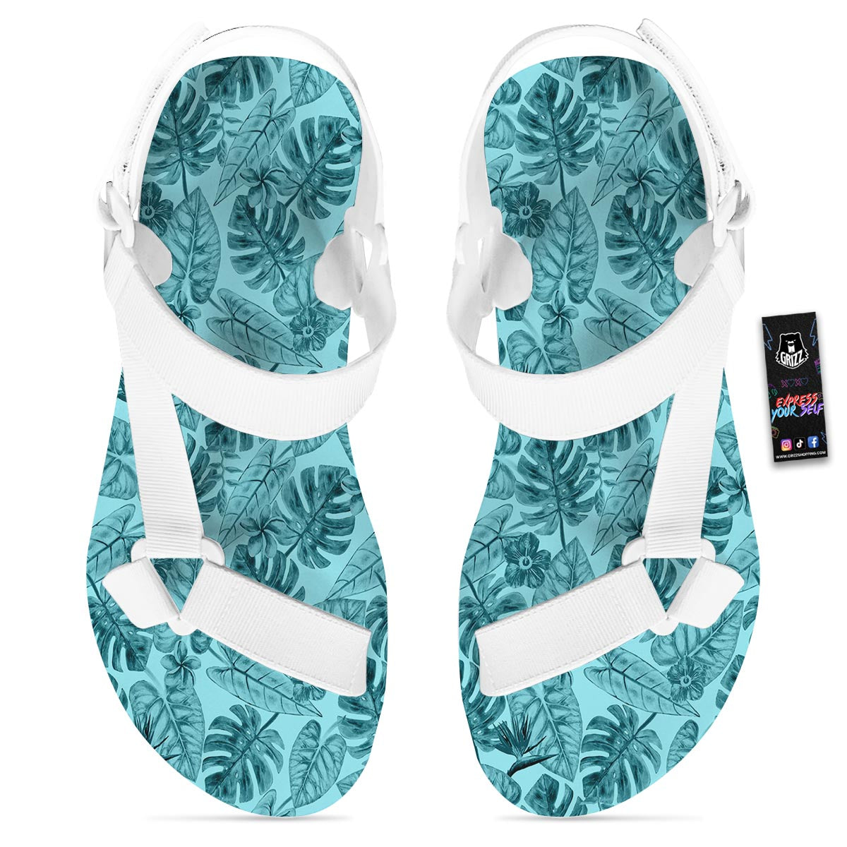 Leaf Flower Teal Hawaiian Print Pattern White Open Toe Sandals-grizzshop