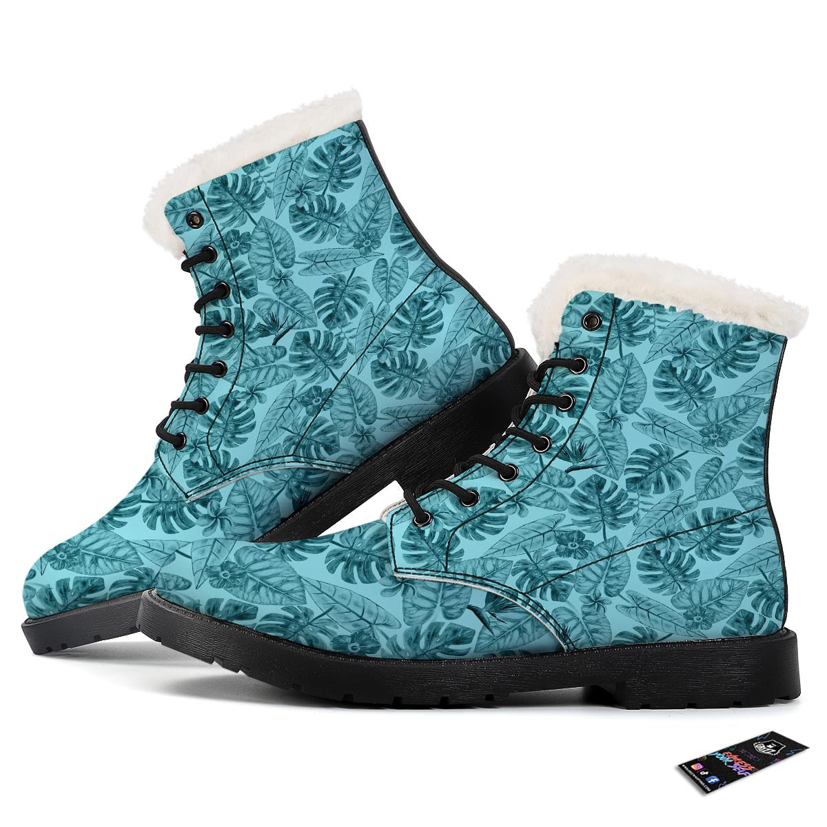 Leaf Flower Teal Hawaiian Print Pattern Winter Boots-grizzshop