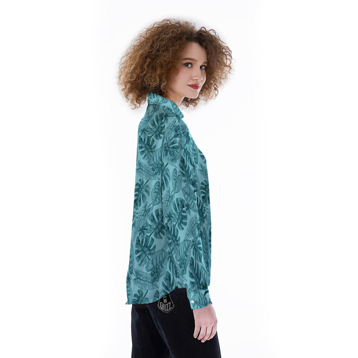 Leaf Flower Teal Hawaiian Print Pattern Women's Long Sleeve Shirts-grizzshop