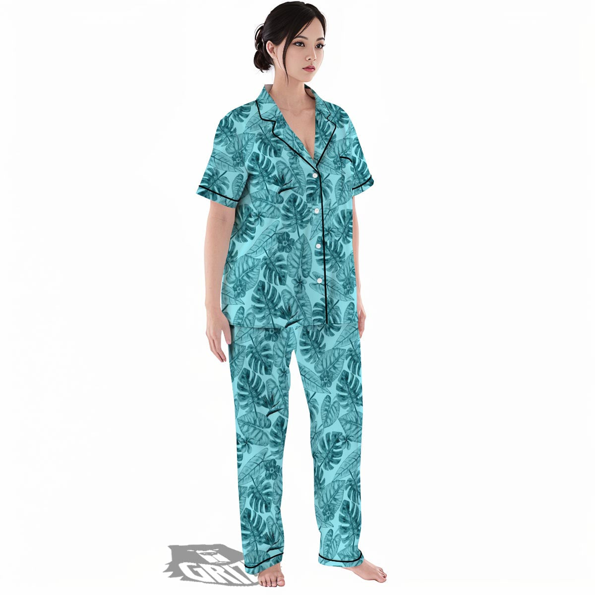 Leaf Flower Teal Hawaiian Print Pattern Women's Pajamas Set-grizzshop