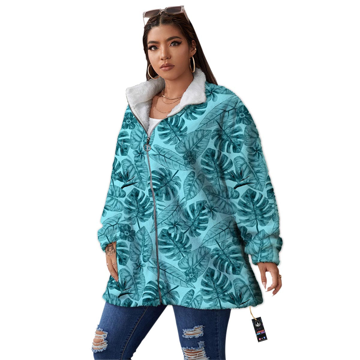 Leaf Flower Teal Hawaiian Print Pattern Women's Sherpa Jacket-grizzshop