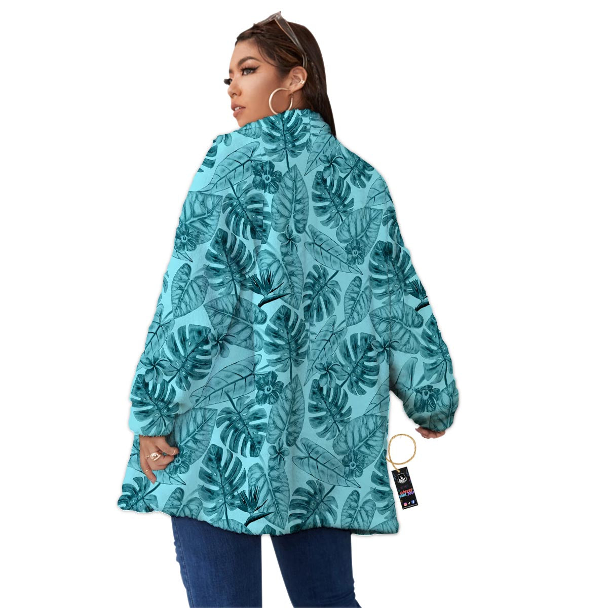 Leaf Flower Teal Hawaiian Print Pattern Women's Sherpa Jacket-grizzshop
