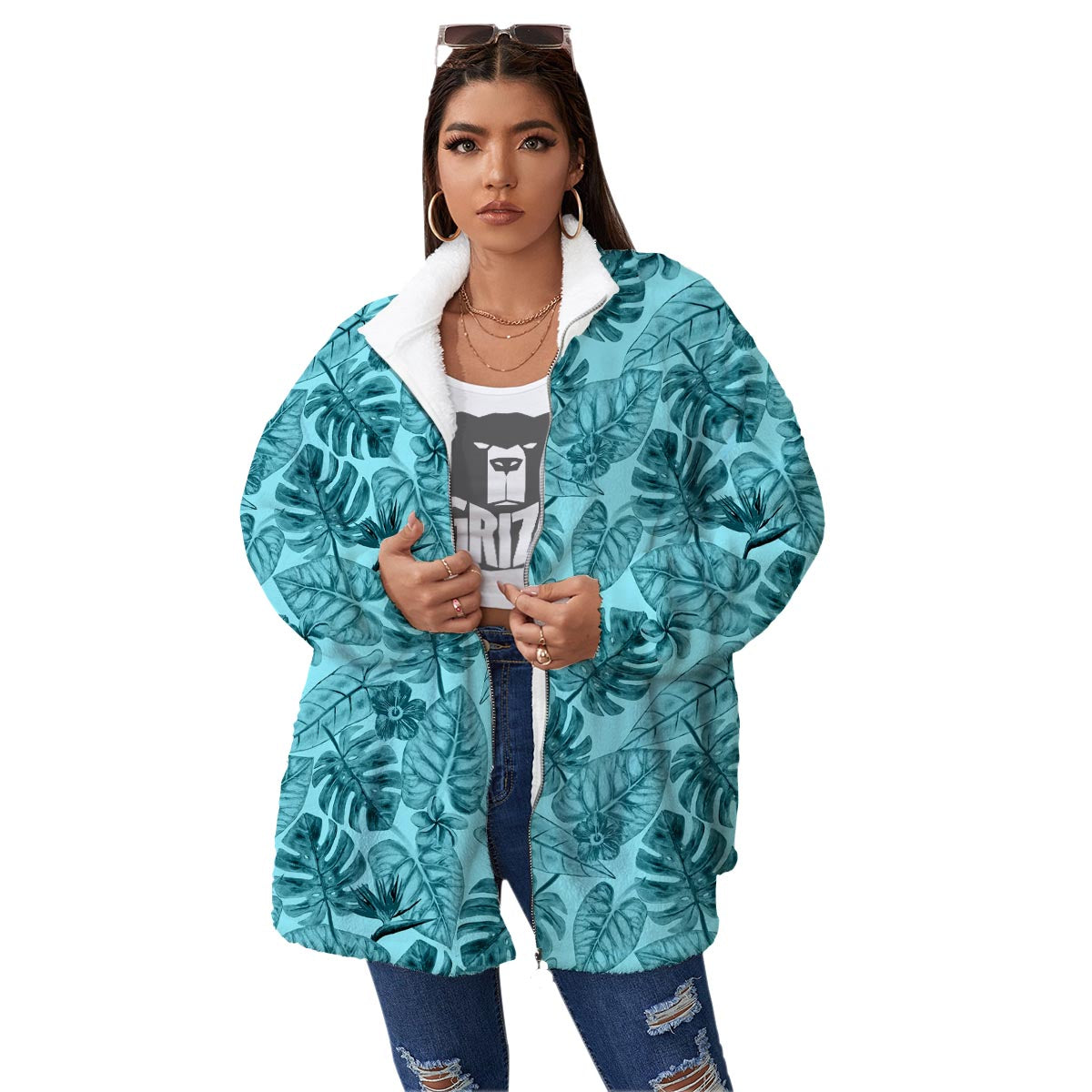 Leaf Flower Teal Hawaiian Print Pattern Women's Sherpa Jacket-grizzshop