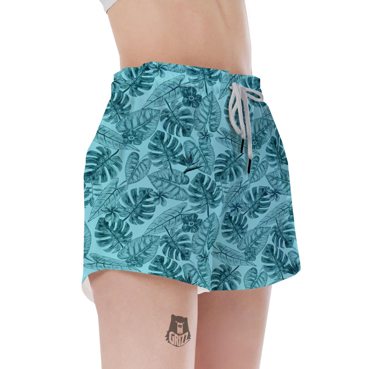 Leaf Flower Teal Hawaiian Print Pattern Women's Shorts-grizzshop