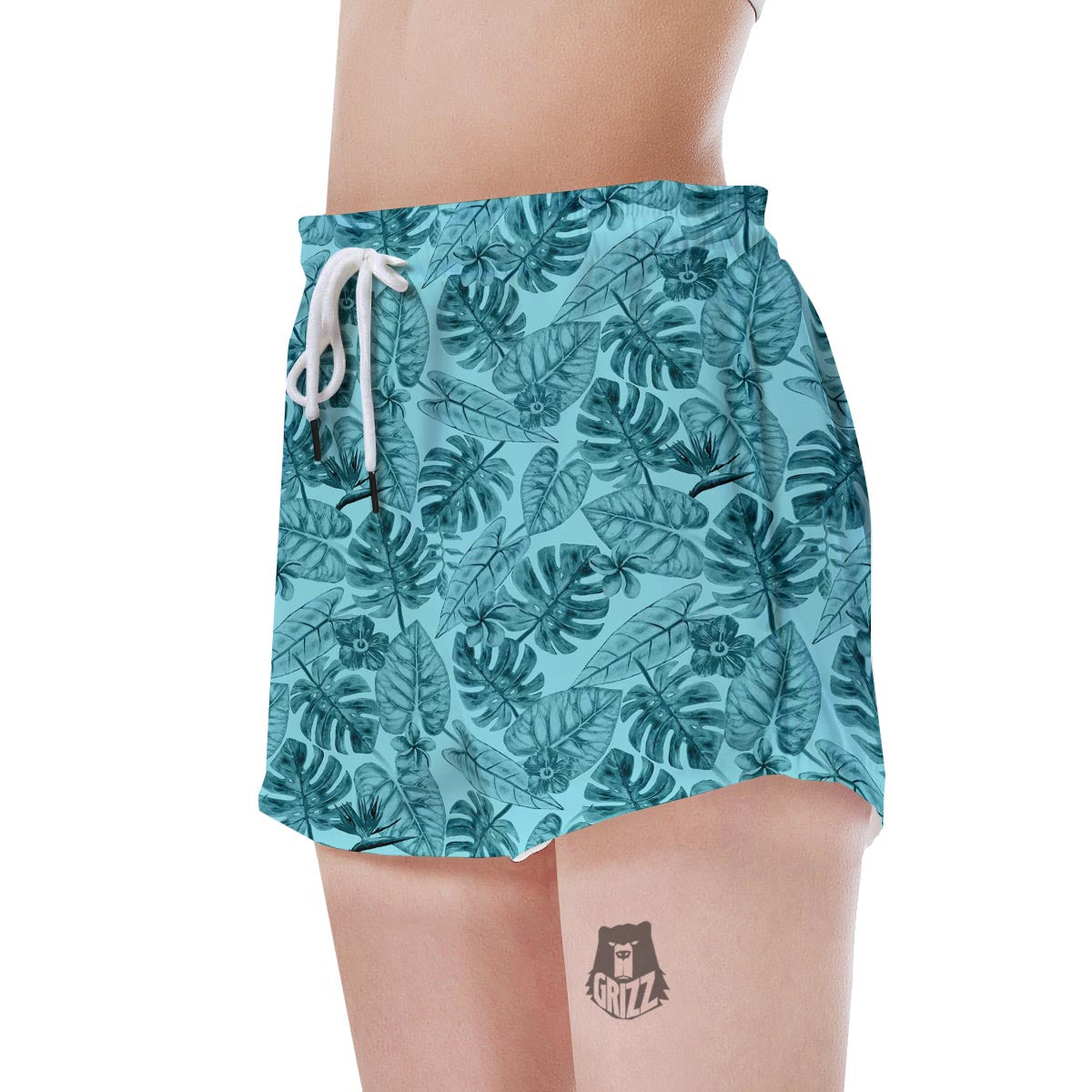 Leaf Flower Teal Hawaiian Print Pattern Women's Shorts-grizzshop