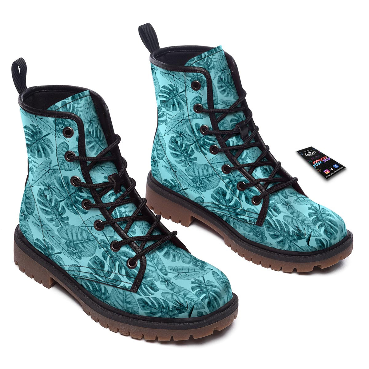 Leaf Flower Teal Hawaiian Print Pattern Work Boots-grizzshop