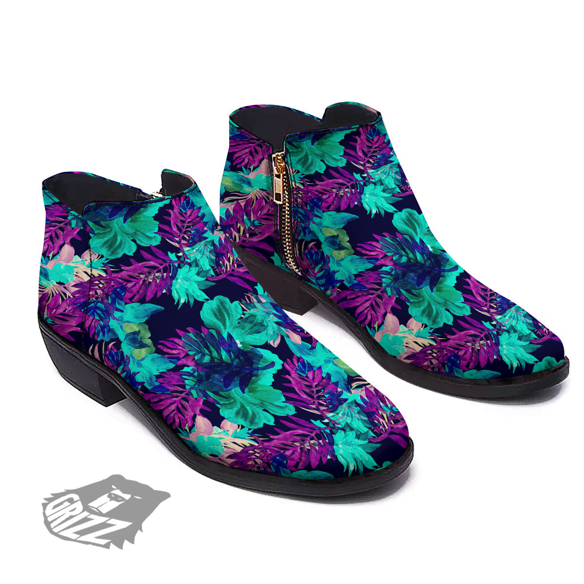 Leaf Green And Purple Print Pattern Ankle Boots-grizzshop