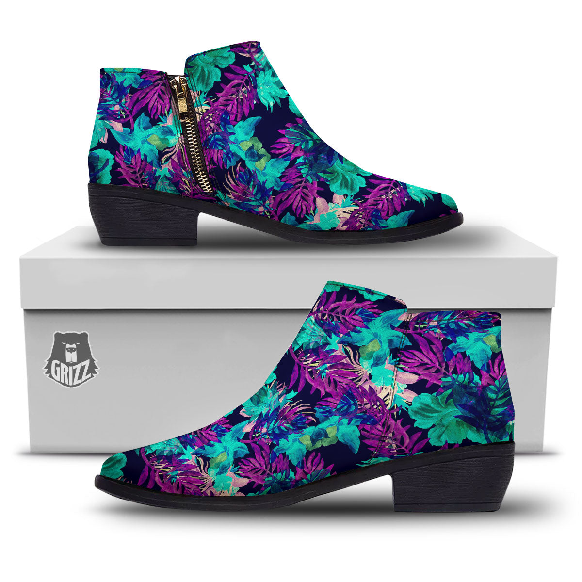 Leaf Green And Purple Print Pattern Ankle Boots-grizzshop