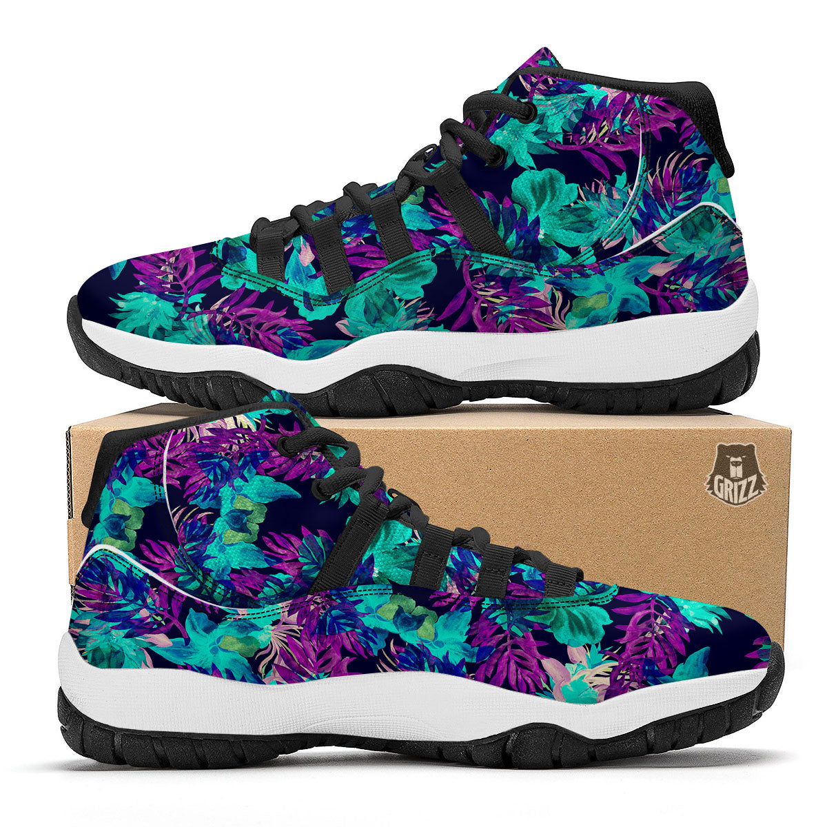 Leaf Green And Purple Print Pattern Black Bball Shoes-grizzshop