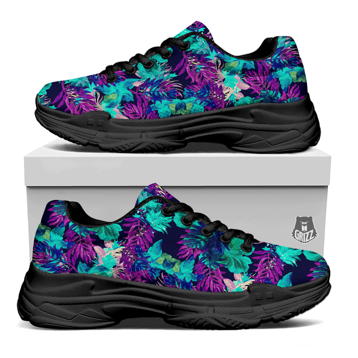 Leaf Green And Purple Print Pattern Black Chunky Shoes-grizzshop