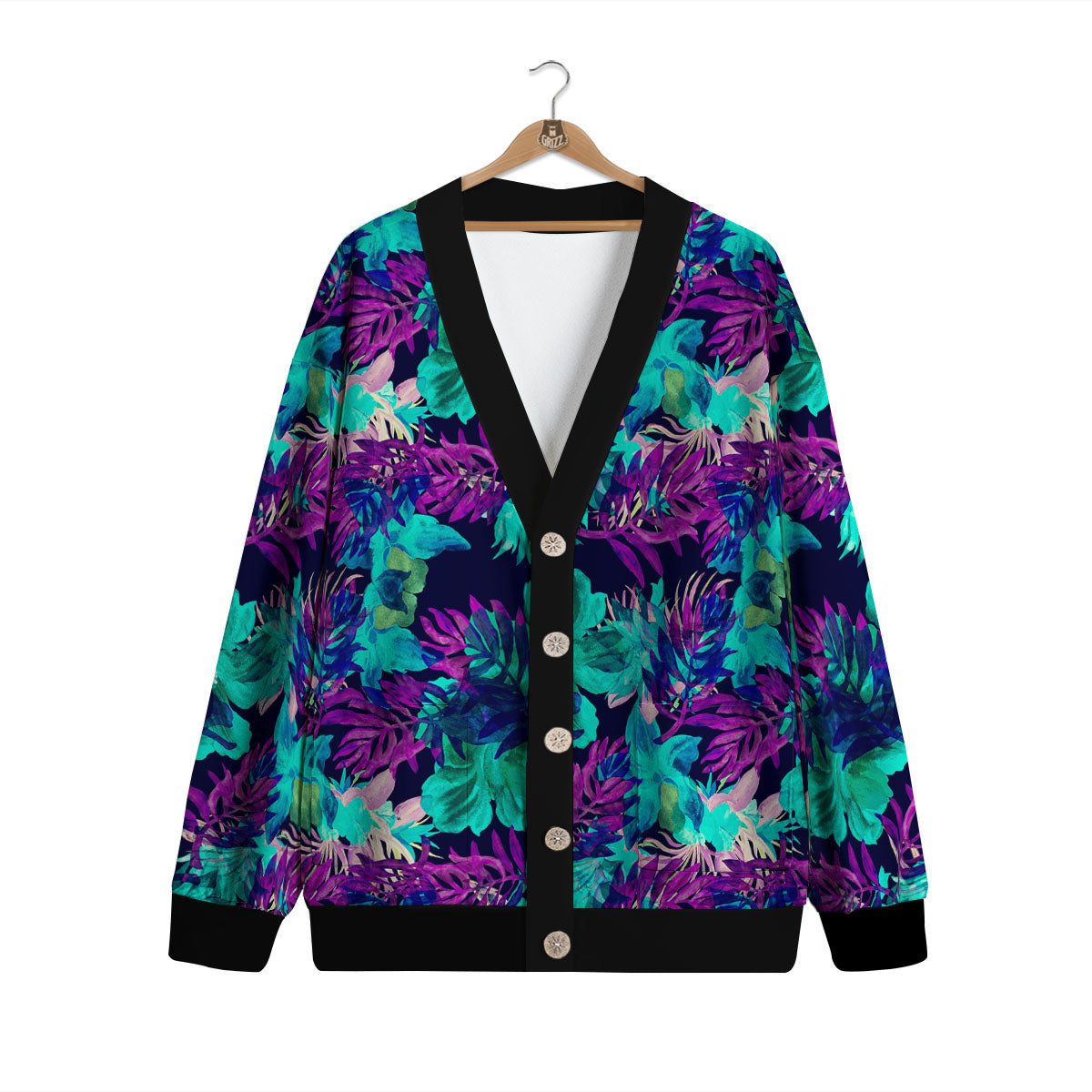 Leaf Green And Purple Print Pattern Cardigan-grizzshop